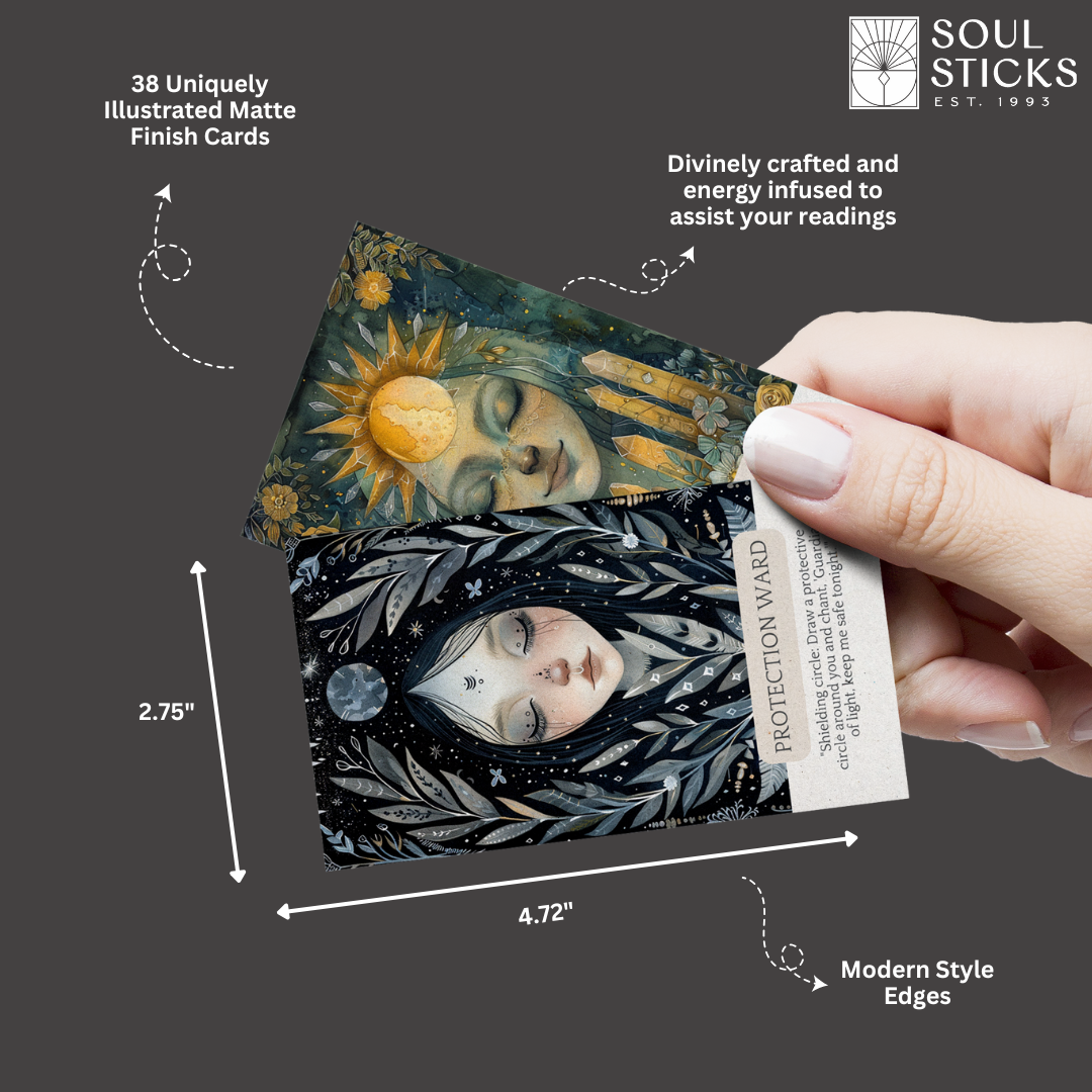 Soul Sticks cards with illustrated designs and measurements on a dark background