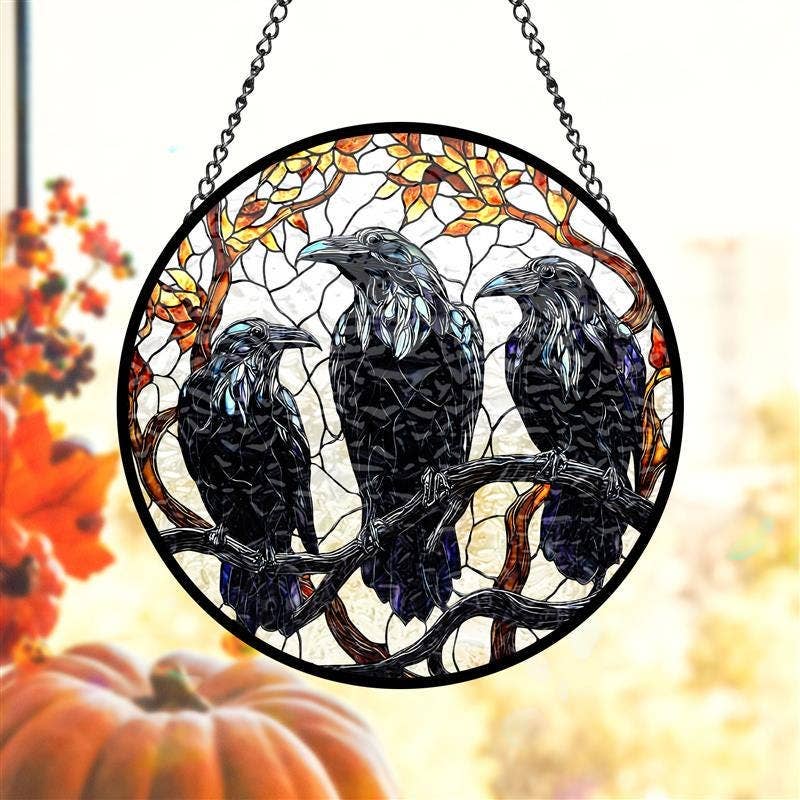 Three Black Crows on Branch Stained Glass Suncatcher – Gothic Window Art