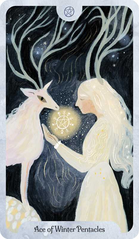 Tarot card featuring a woman and deer with a pentacle symbol, labeled 'Ace of Winter Pentacles'.