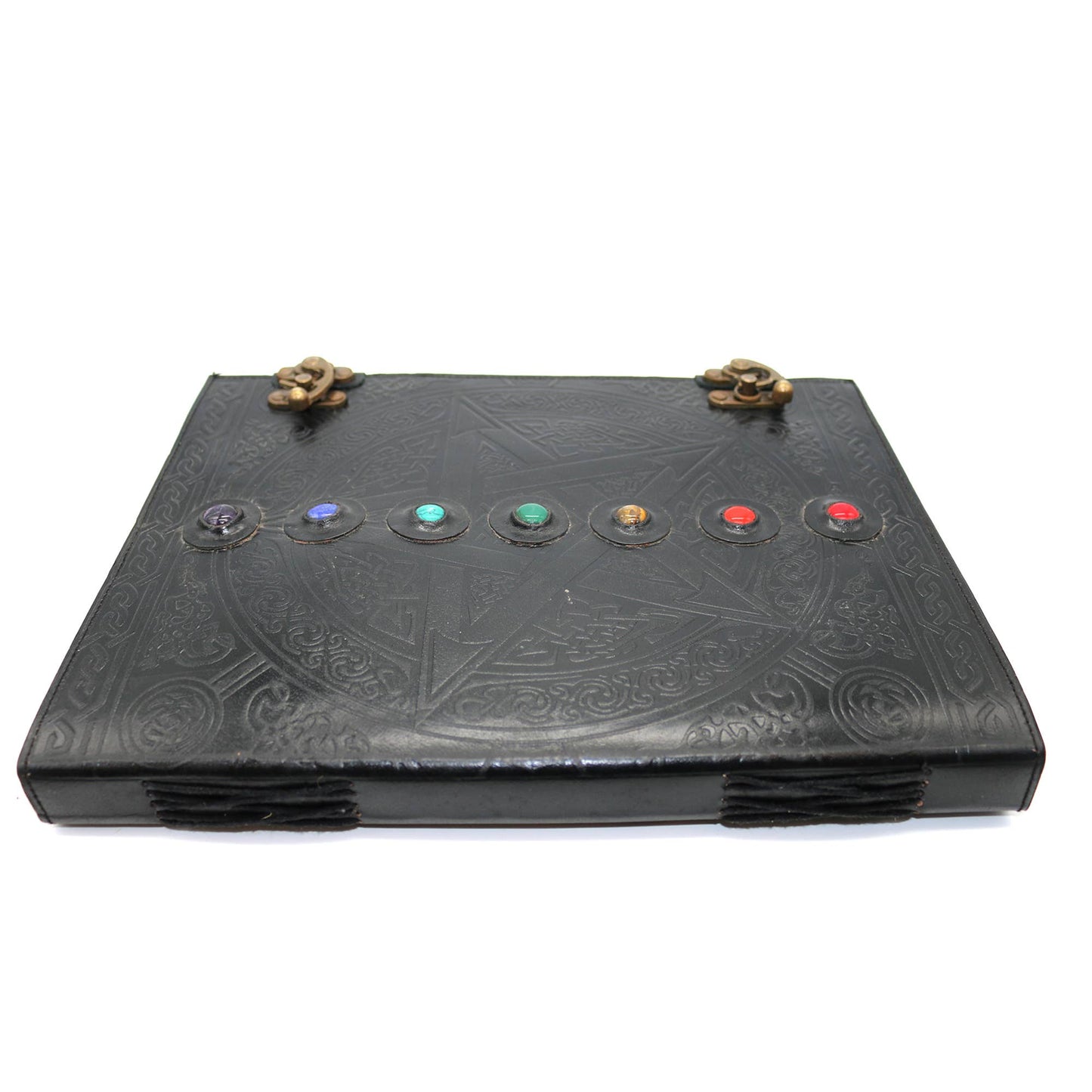 Black leather journal with embossed designs and chakra stones