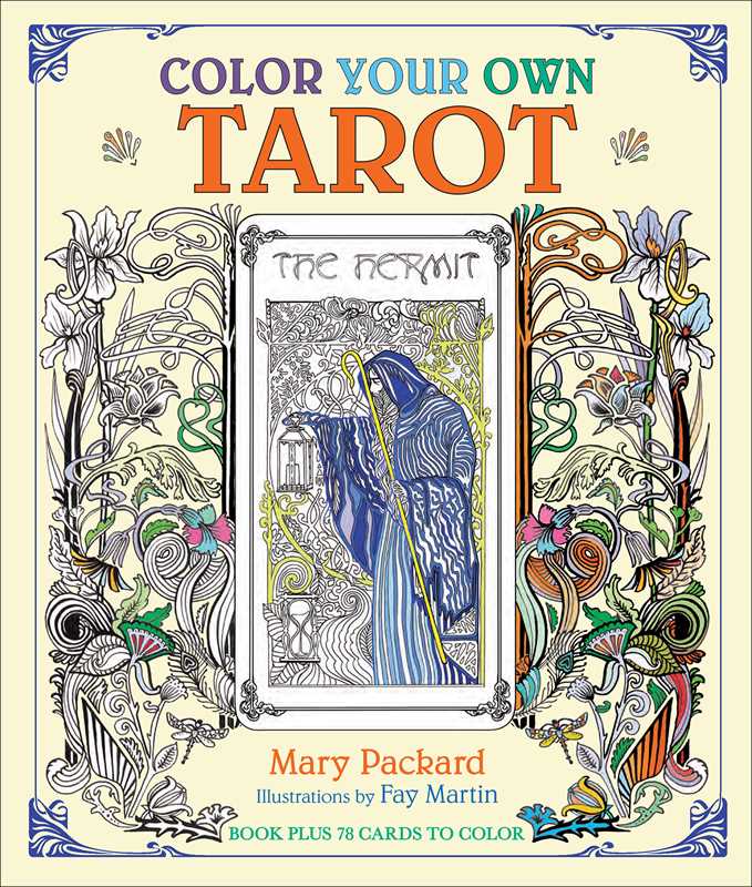 Coloring book cover for 'Color Your Own Tarot' with a tarot card illustration and decorative border.