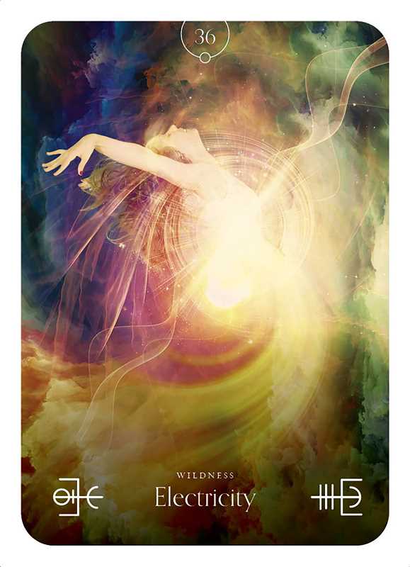 Futuristic card with a stylized figure and abstract design, featuring the text 'Wildness Electricity' and symbols.
