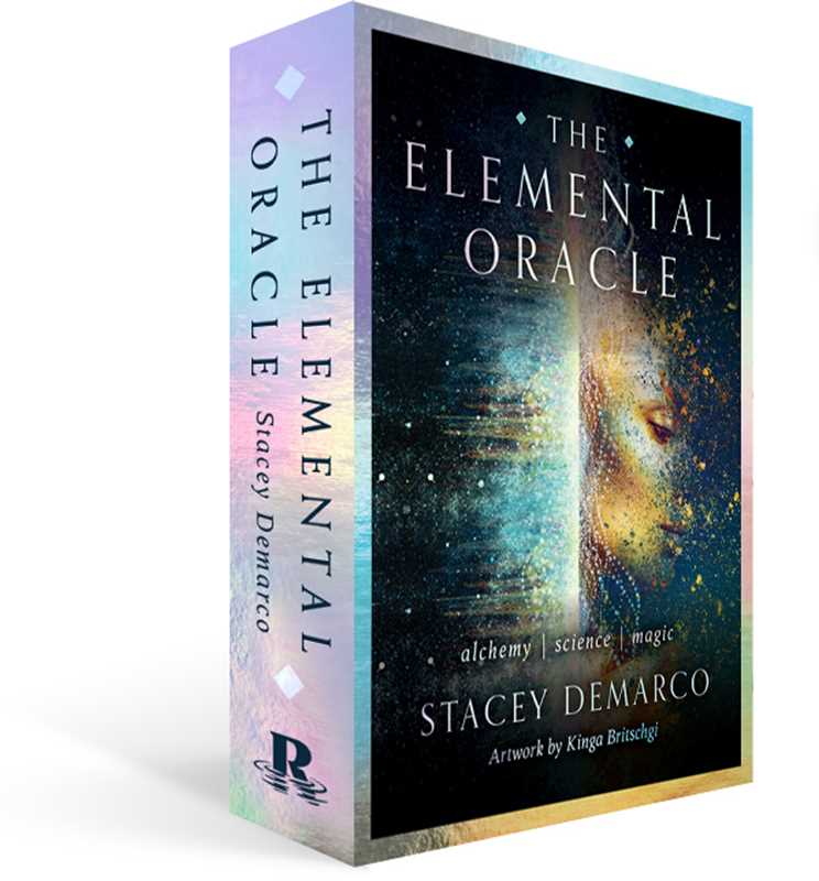 Book box titled 'The Elemental Oracle' by Stacey DeMarco with a cosmic design on a white background.