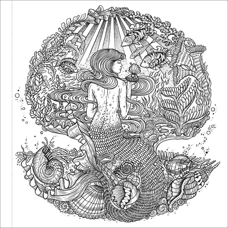Black and white illustration of a mermaid surrounded by sea creatures on a white background