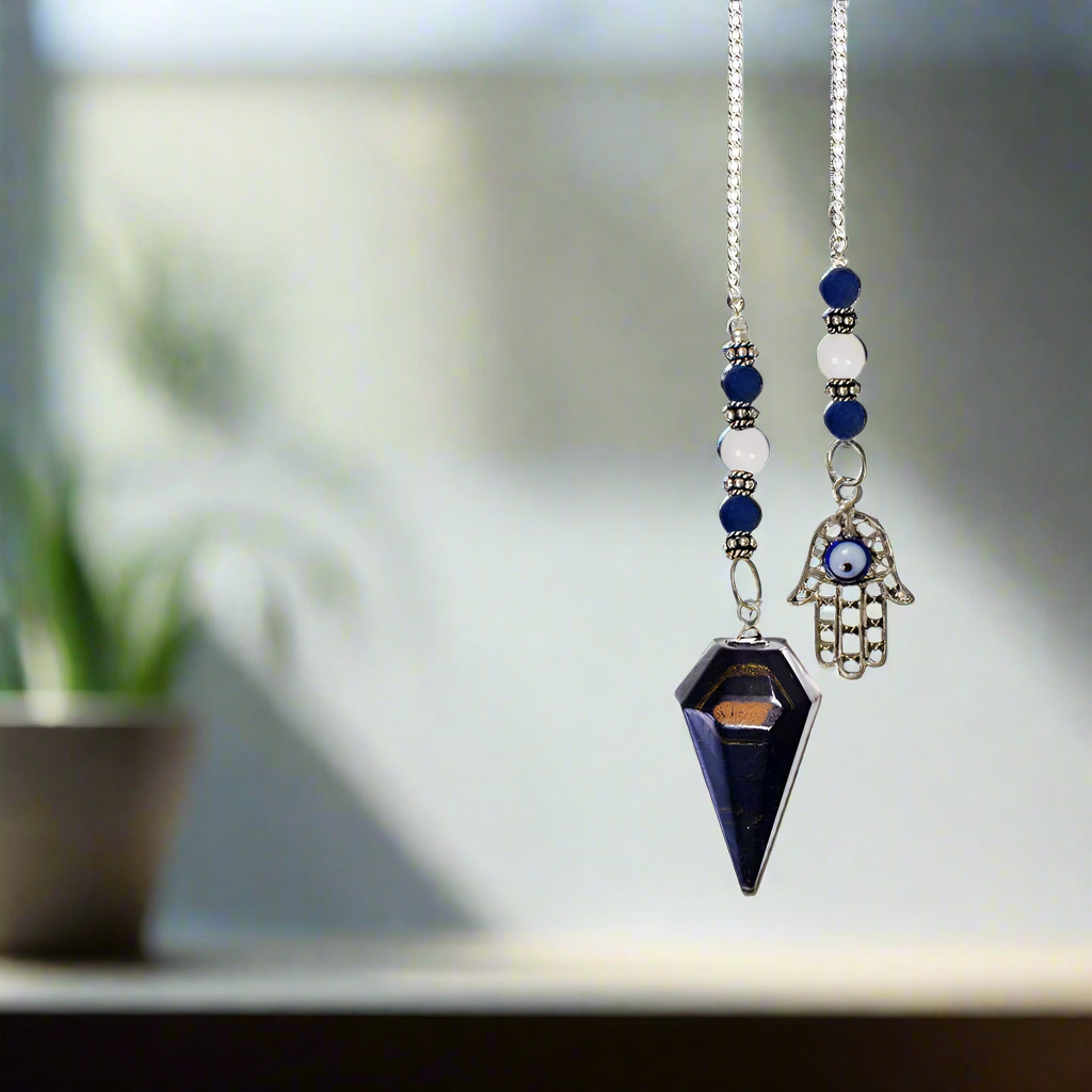 Hexagonal Blue Tiger Eye Pendulum with Fatima Hand