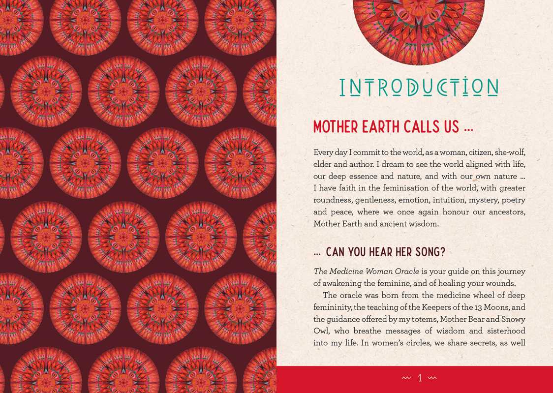 Book page with red circular patterns on a brown background and text about 'Mother Earth'.