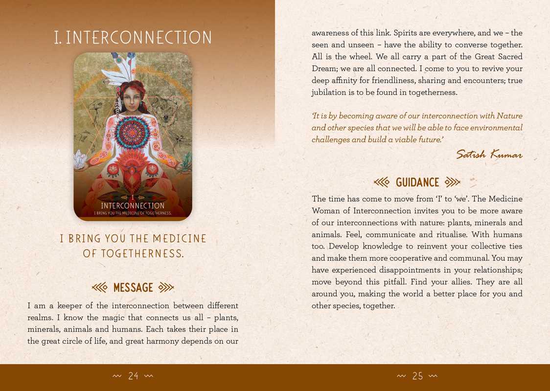 Page from a book or magazine featuring an illustration of a person with a headdress and text on interconnection and unity.