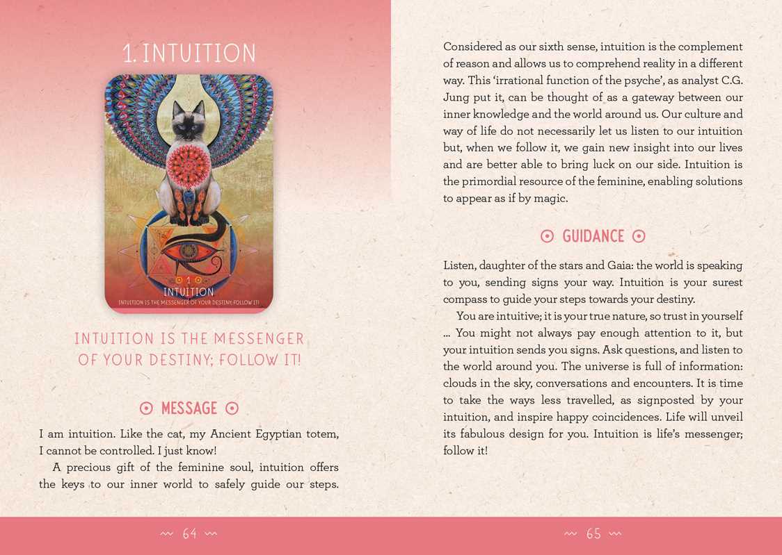Card with a cat illustration and text about intuition on a pink background