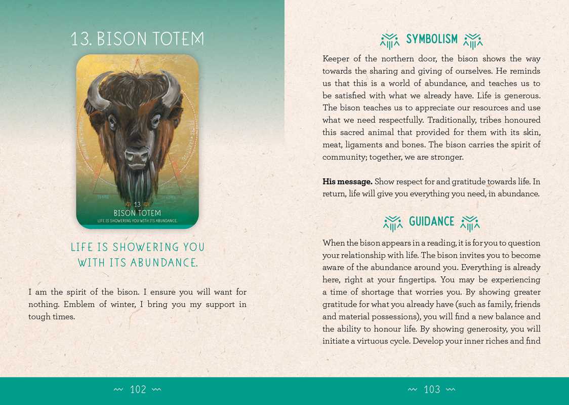 Bison totem card with symbolism, life message, and guidance text on a beige background.