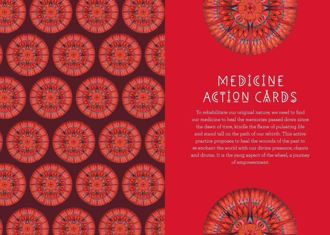 Patterned design with 'Medicine Action Cards' text on a red background