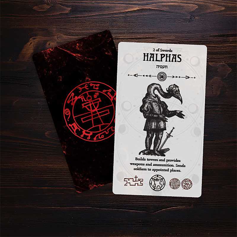 Card featuring a black and white illustration of a character with text on a wooden surface