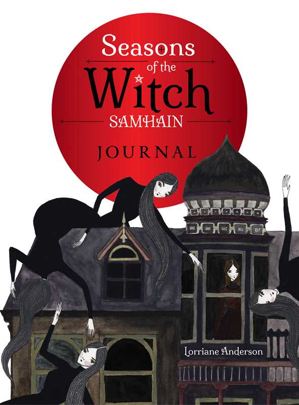 Book cover of 'Seasons of the Witch Samhain Journal' with a witch and haunted house illustration.