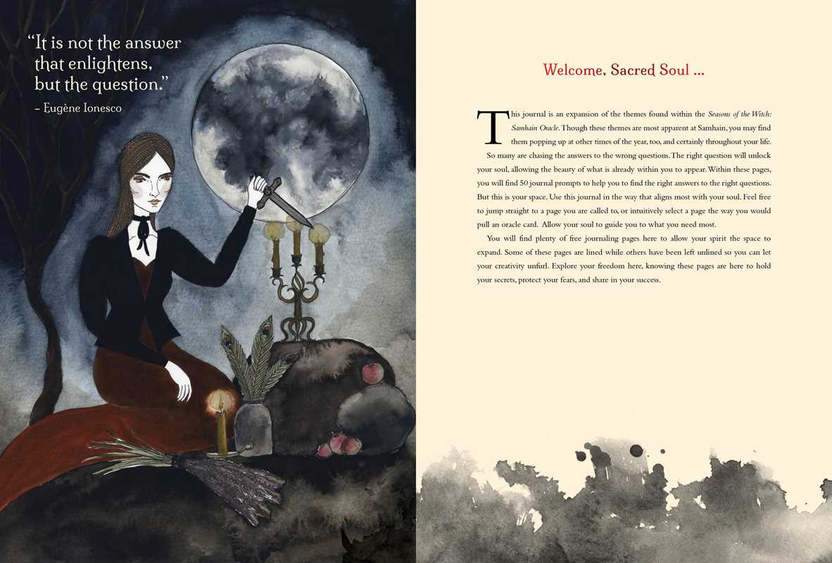 Illustration of a woman with a broom and a full moon, accompanied by text on a sepia-toned page.