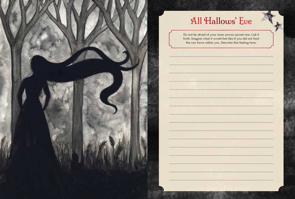 Silhouette of a woman with a long dress and hair against a forest background, next to a notepad with 'All Hallows' Eve' text.