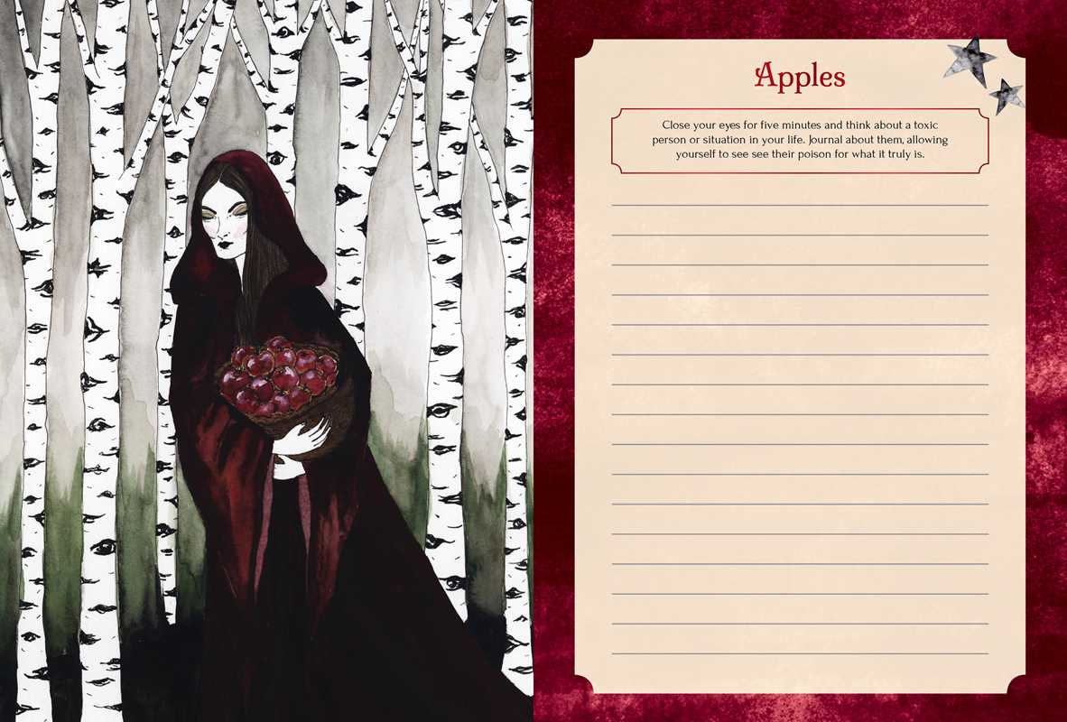 Illustration of a woman holding apples in a forest with a journal page on a red background.