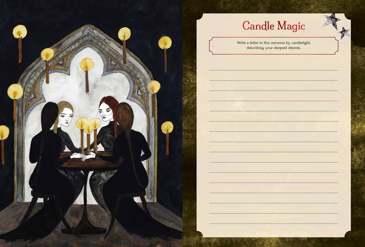 Illustration of two women at a table with candles, next to a 'Candle Magic' notepad.