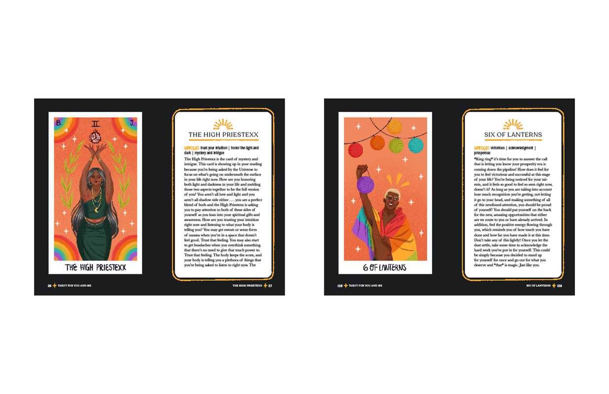 Two tarot card illustrations with text on a white background