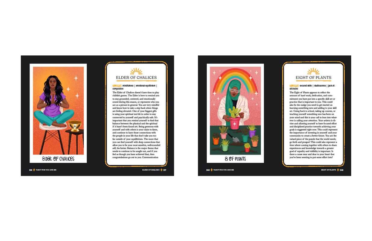 Two tarot cards with illustrations and text on a white background