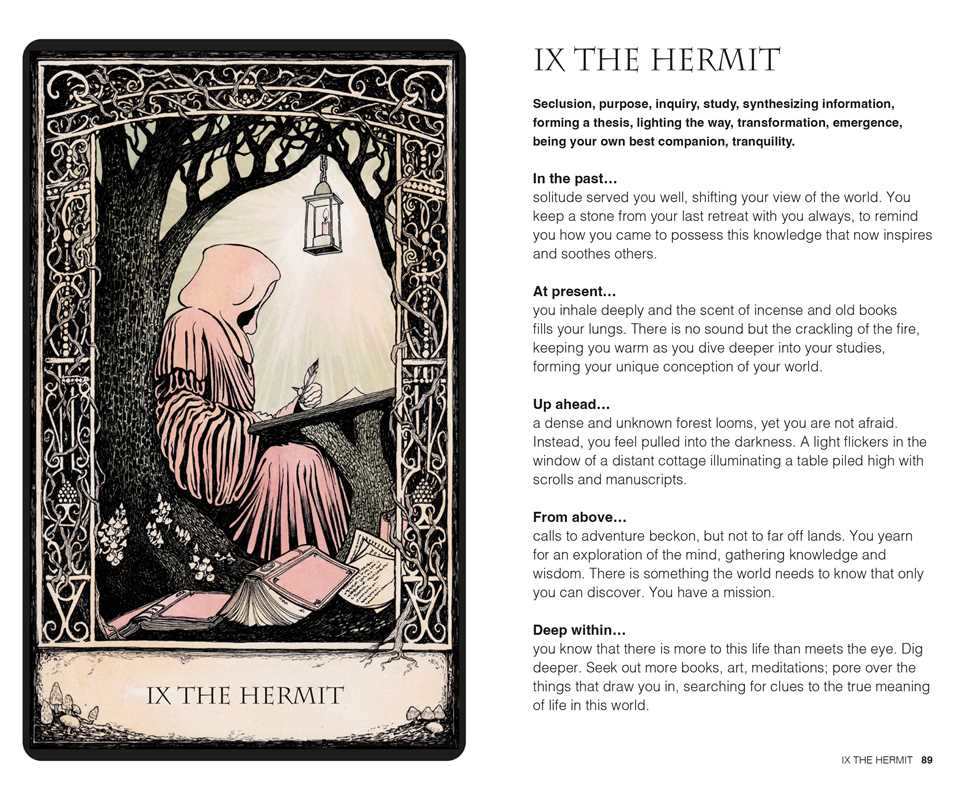 Tarot card titled 'IX The Hermit' with a person in a hooded robe sitting by a table, surrounded by books and a lantern.
