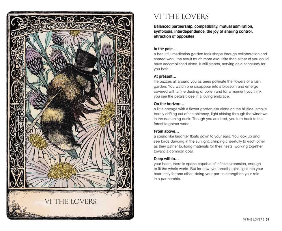 Tarot card titled 'The Lovers' with a bee and flowers on a decorative border.