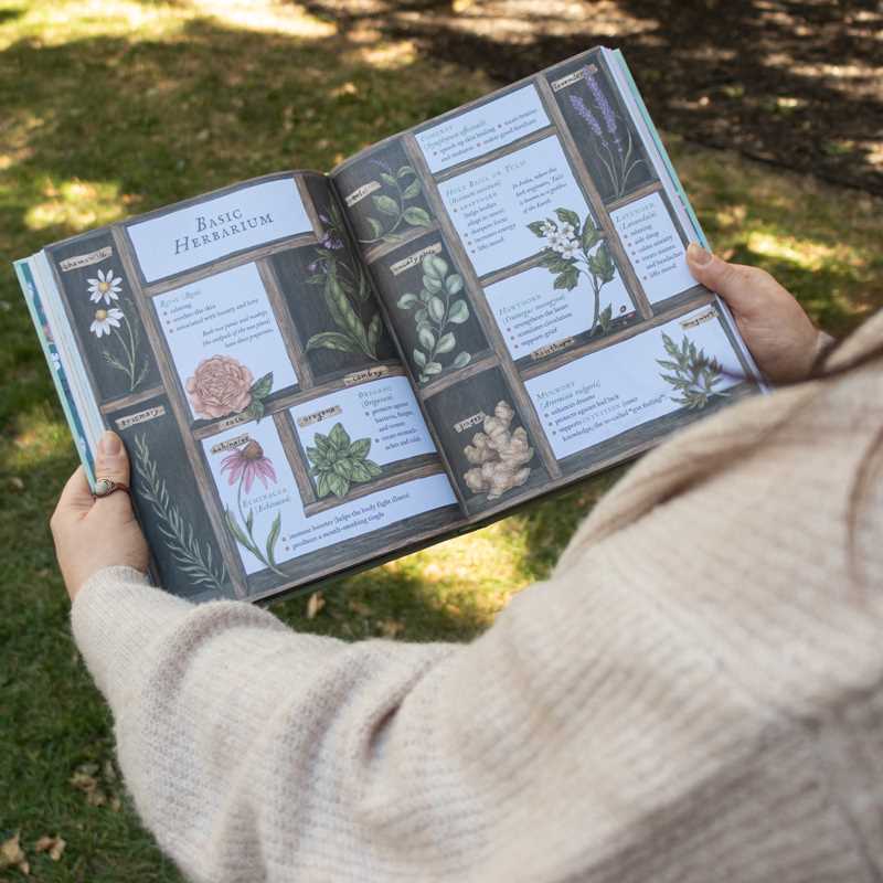 Person holding a book with botanical illustrations outdoors