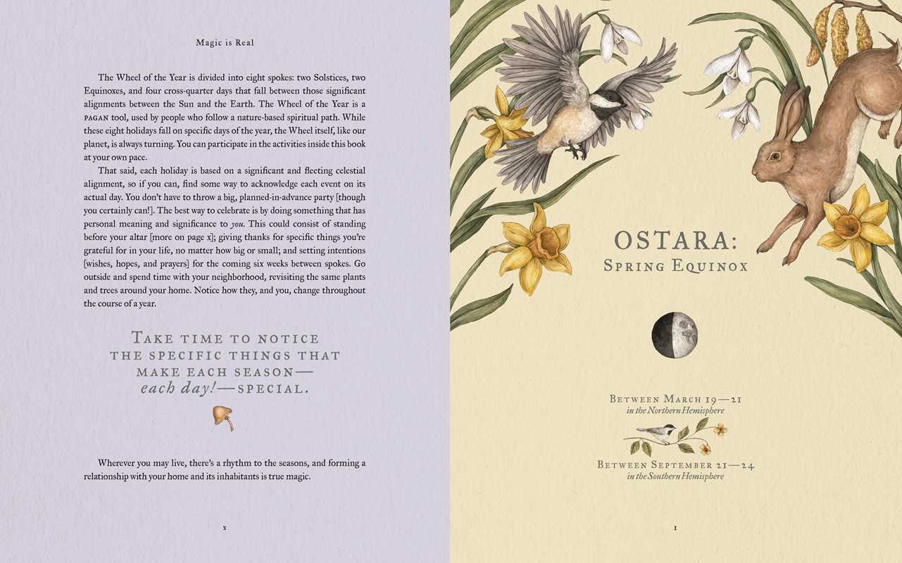 Page from a book about Ostara, Spring Equinox, with illustrations of a rabbit, bird, and flowers on a yellow background.