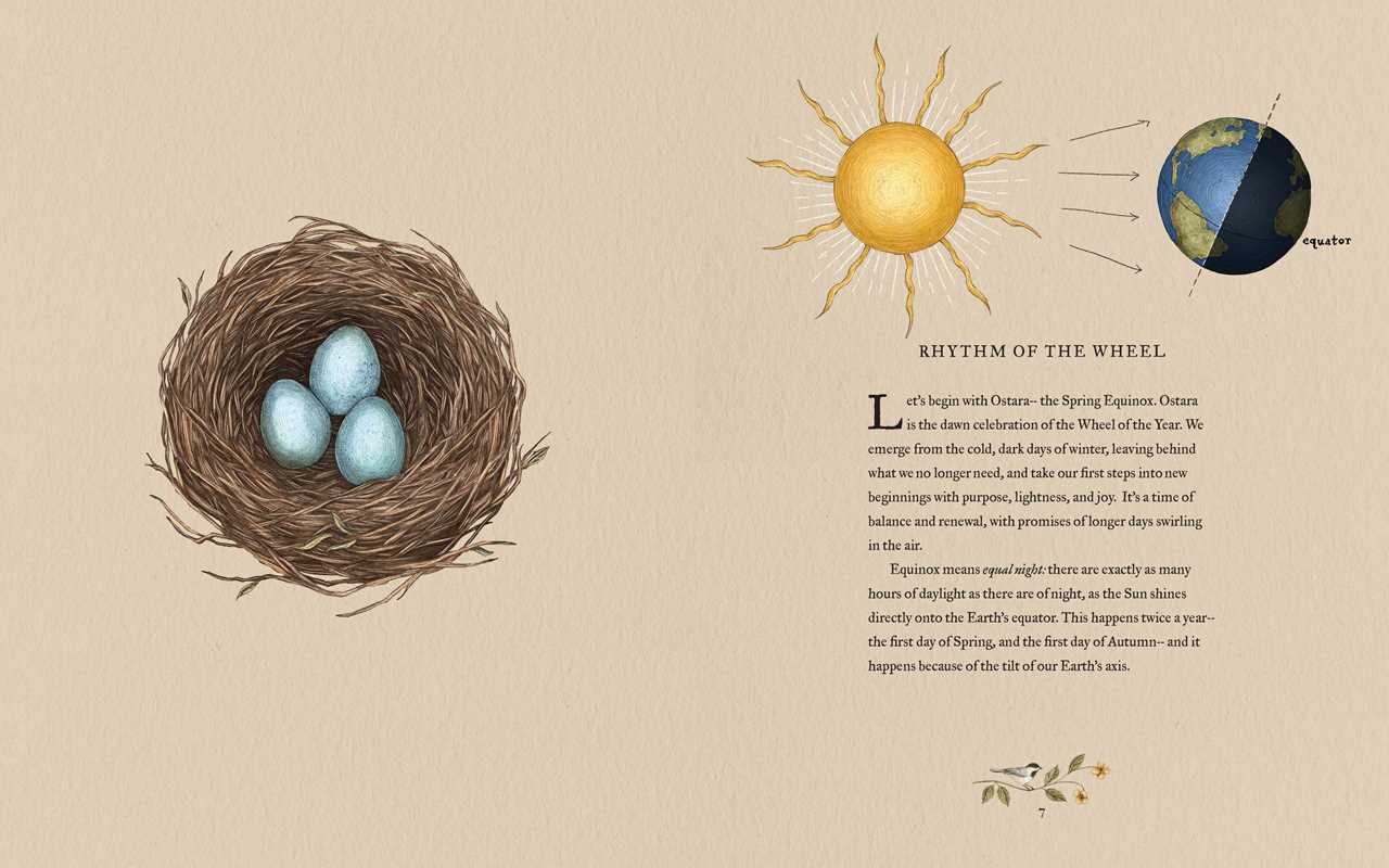 Illustration of a nest with eggs, sun, and moon on a beige background with text.