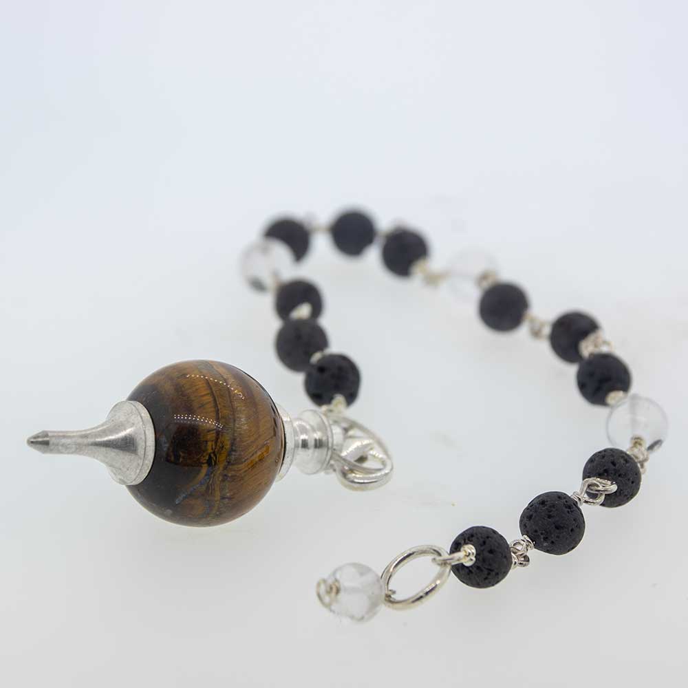 Necklace with black beads, a brown spherical pendant, and silver accents on a white background