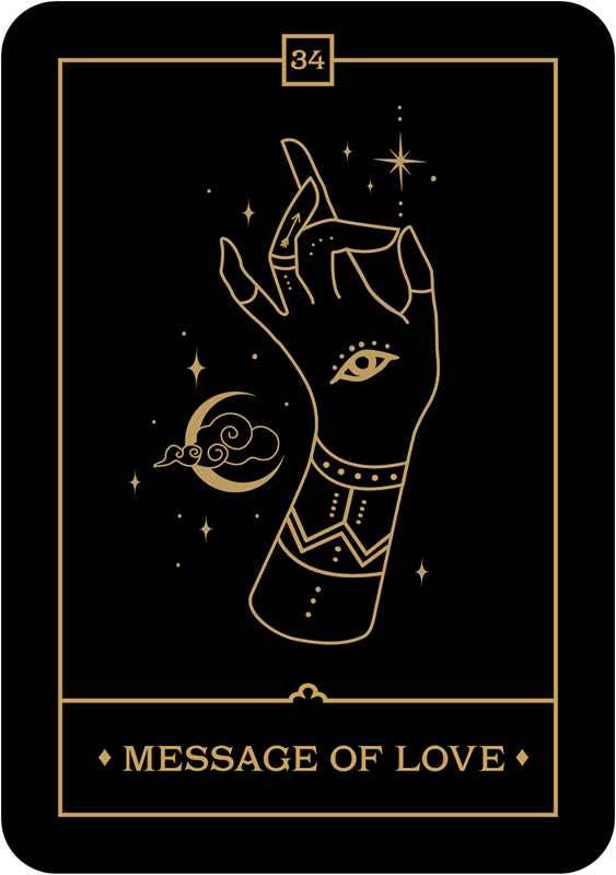 Tarot card with a hand holding a message of love on a black background