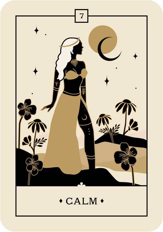 Tarot card with silhouette of a woman, flowers, and moon symbol on a beige background