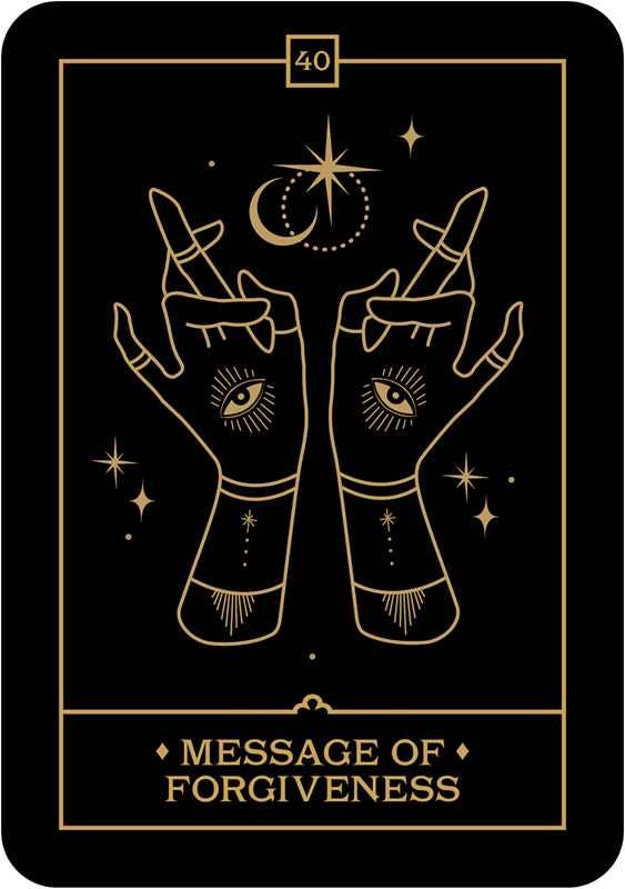 Tarot card with hands holding a crystal ball and 'Message of Forgiveness' text on a black background