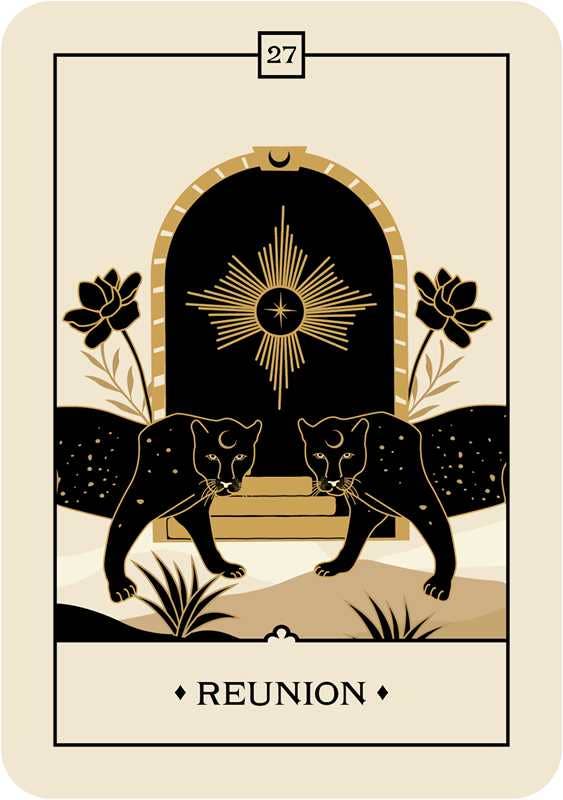 Tarot card with two panthers, a sun symbol, and the word 'Reunion' on a beige background.