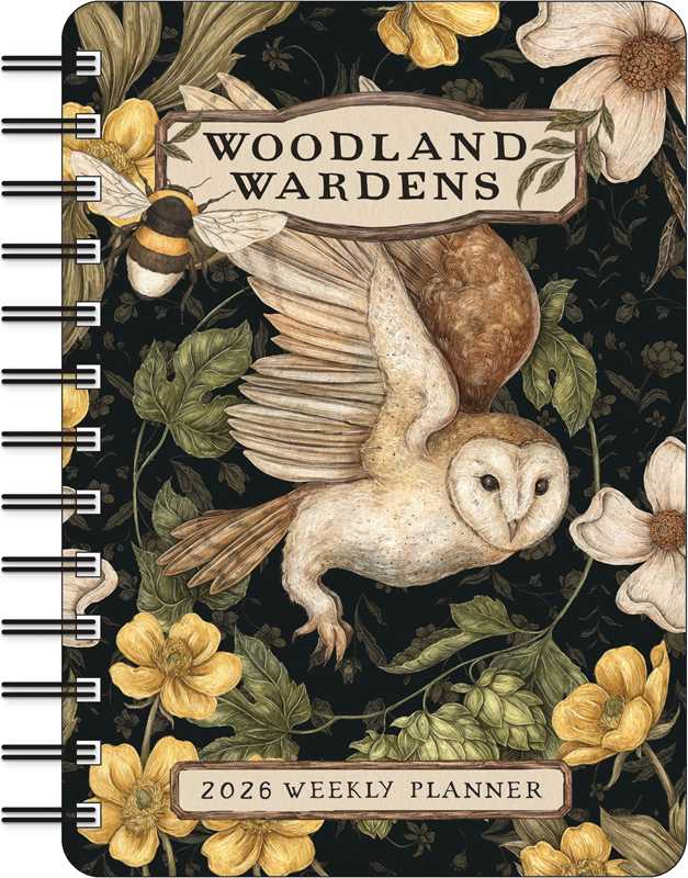 Woodland-themed weekly planner with owl illustration and floral design on a dark background