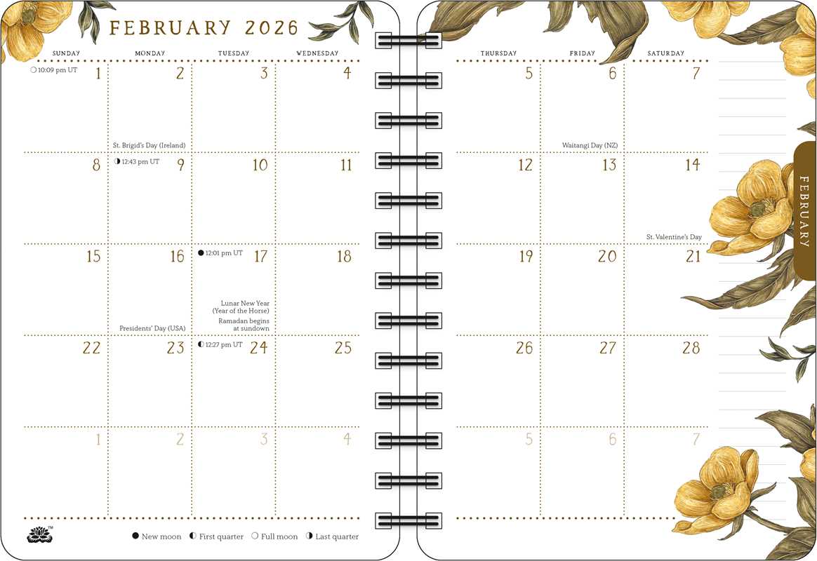 Floral-themed calendar for February 2026 with decorative elements on a white background.