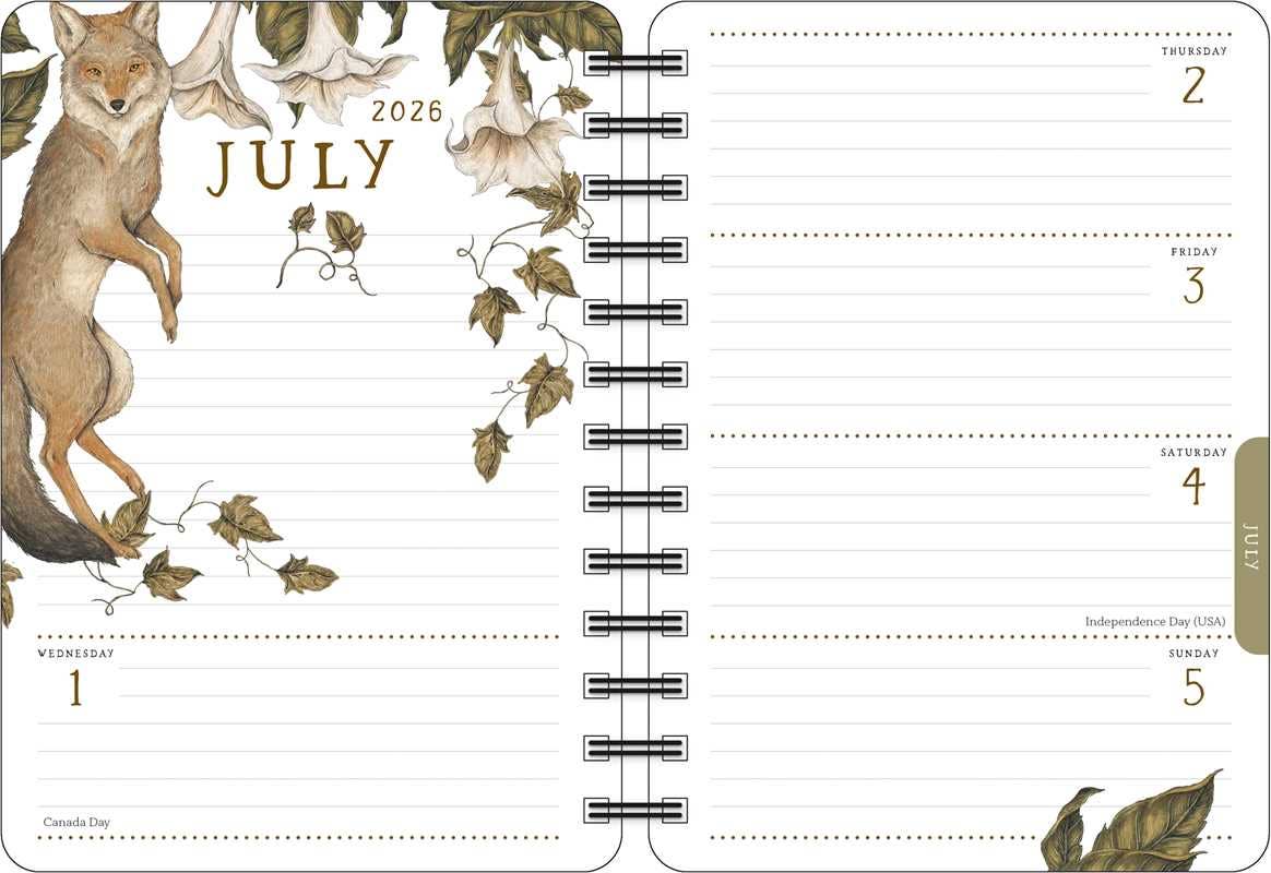 July 2026 calendar with fox illustrations on a white background