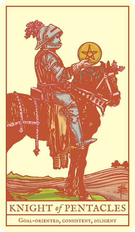 Vintage-style illustration of a knight on horseback with a pentacle symbol, set against a plain background.