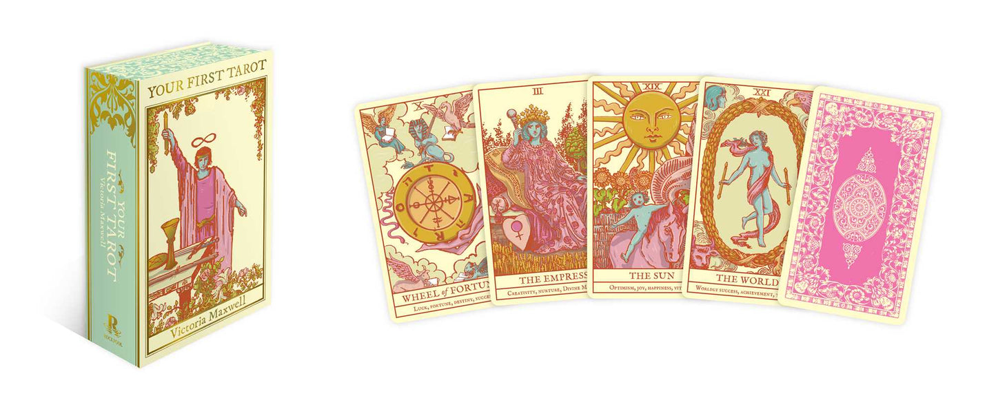 Tarot card set with colorful designs and a box on a white background