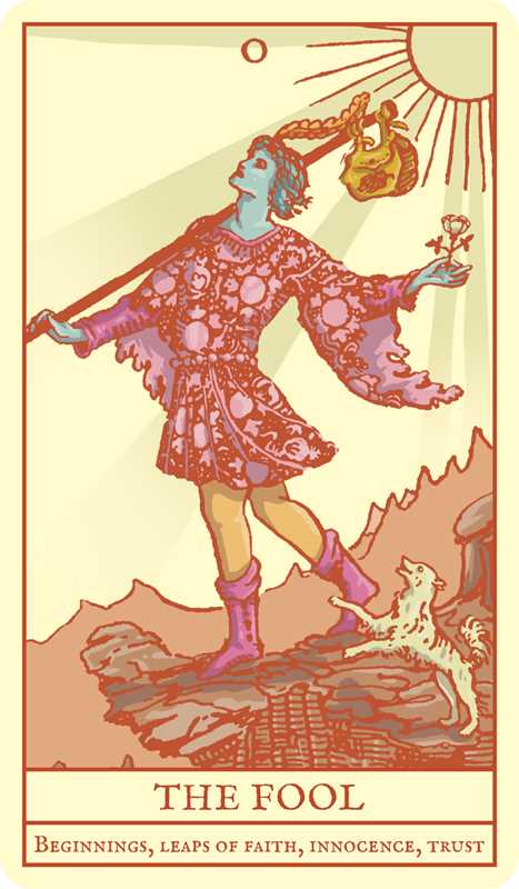 Vintage-style tarot card titled 'The Fool' with a person in a colorful dress holding a sun and a flower, set against a mountainous background.