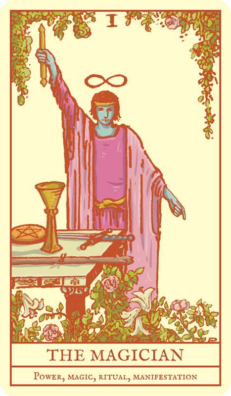 Tarot card featuring 'The Magician' with a person in a pink robe holding a staff, on a decorative background.