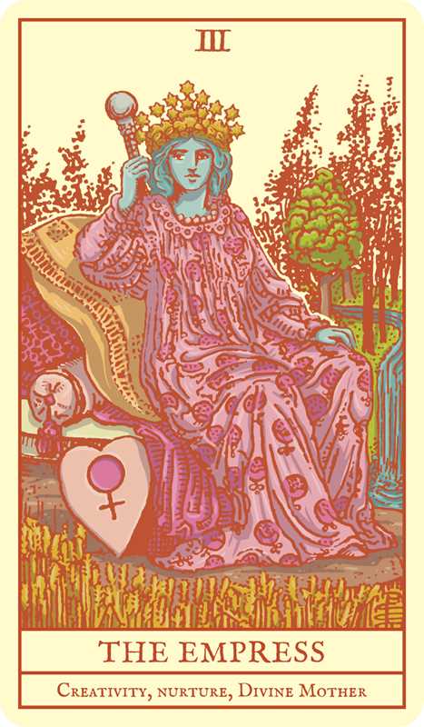 Tarot card featuring 'The Empress' with a woman in a pink dress holding a scepter, surrounded by nature.