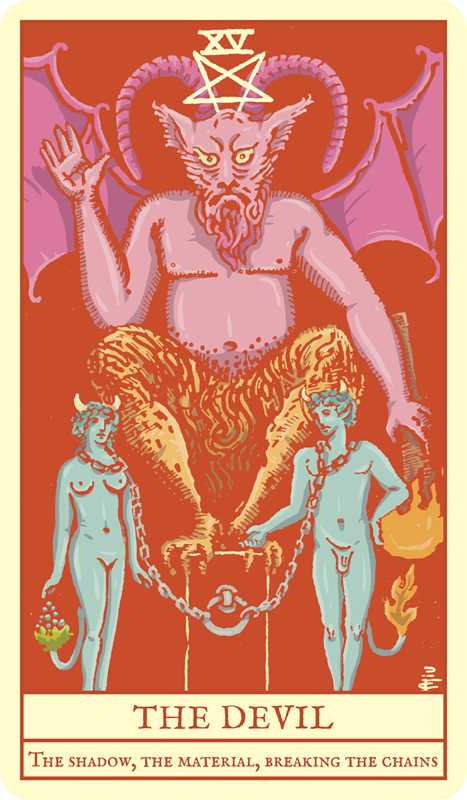 Tarot card titled 'The Devil' with a red background and central figure.