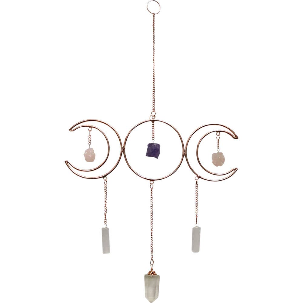 Metal Wall Hanging Triple Moon w/ Crystal Point & Gemstones