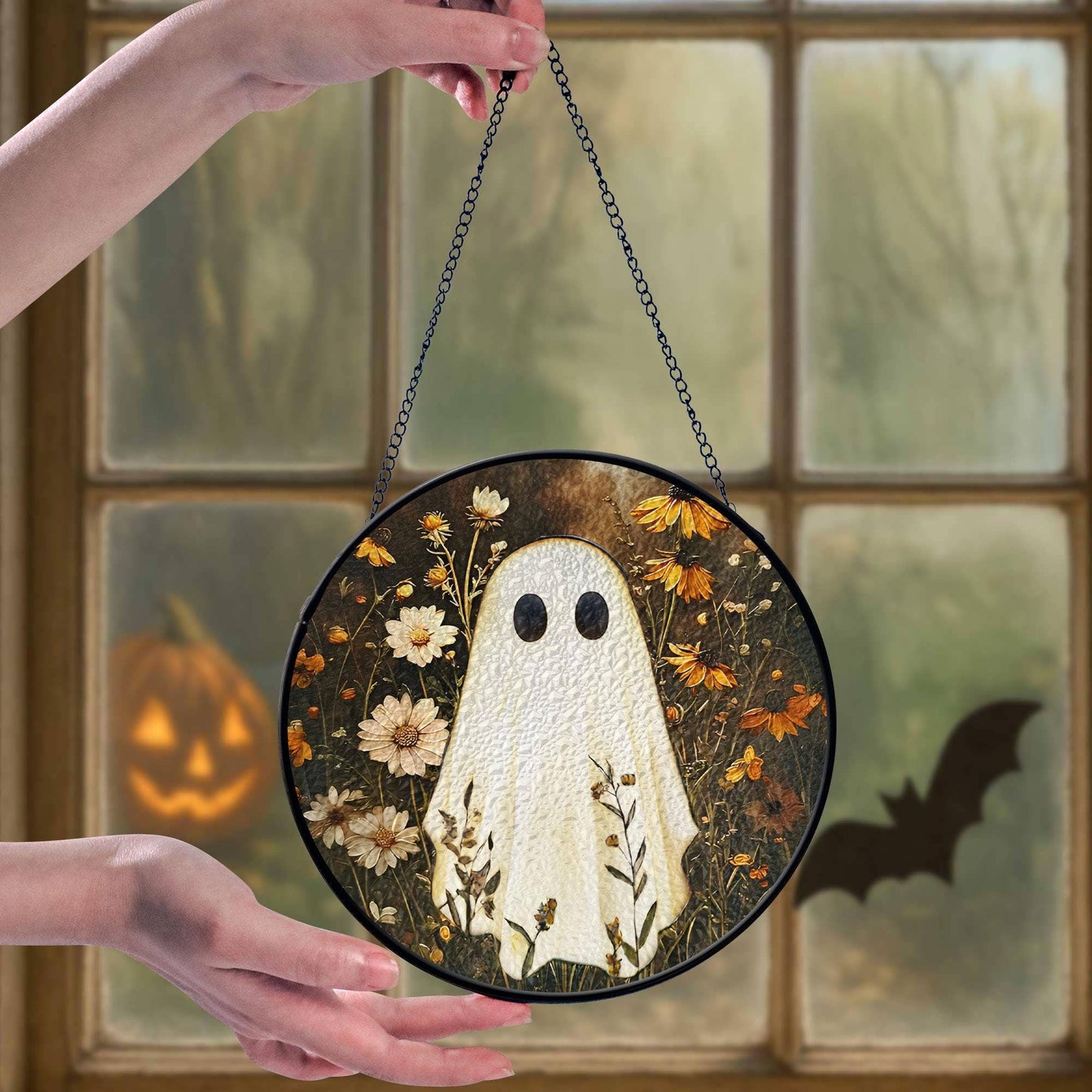 Ghost in Flower Stained Glass Suncatcher – Whimsical Halloween Window Decor
