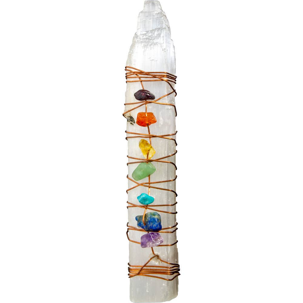 Selenite Chakra Wand – Copper Wrapped with Chakra Chips