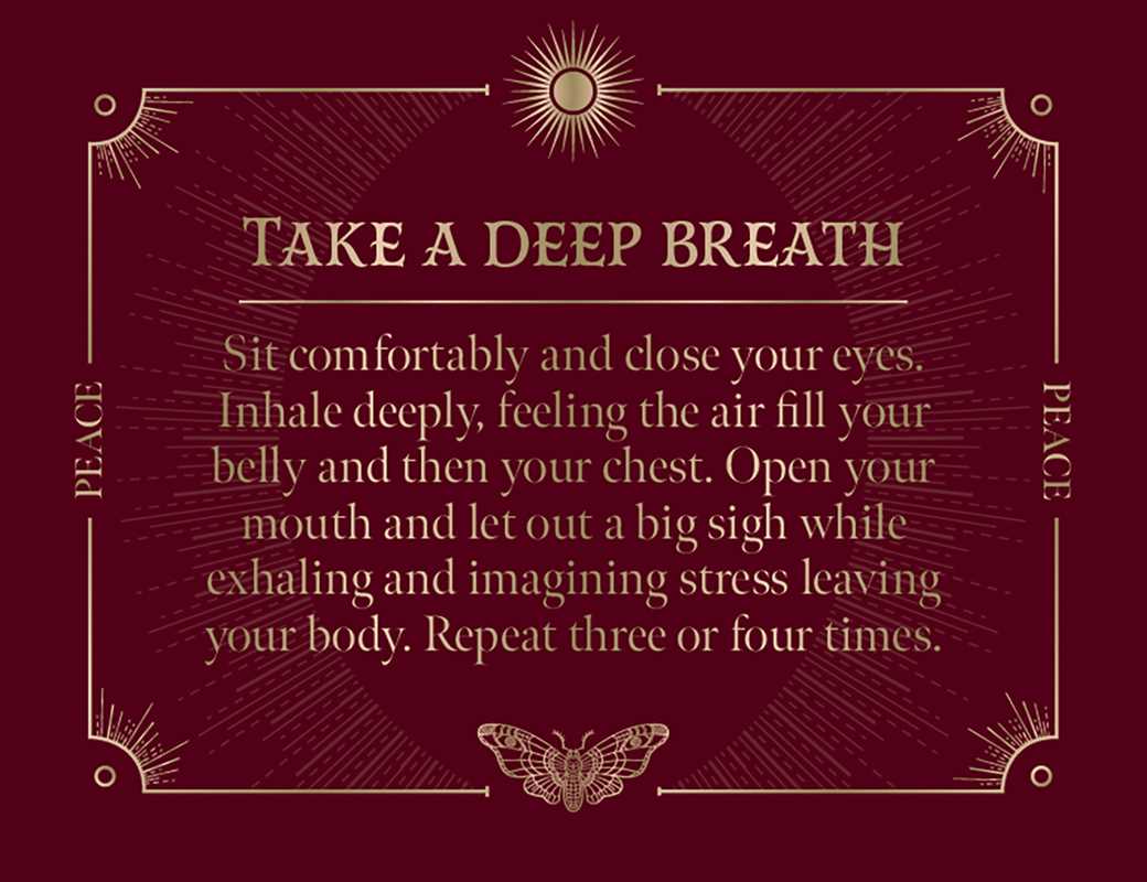 Instructional text on taking a deep breath with decorative elements on a maroon background