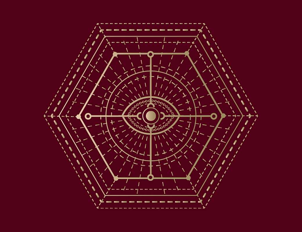 Geometric hexagonal design with central circle on a red background