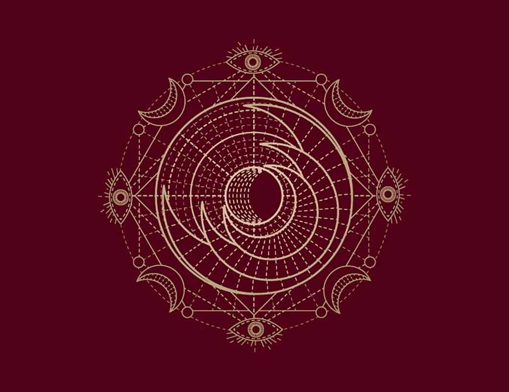 Decorative circular design with geometric shapes on a red background