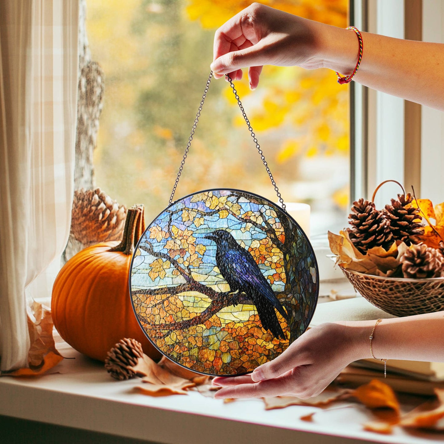 Black Raven Autumn Stained Glass Suncatcher