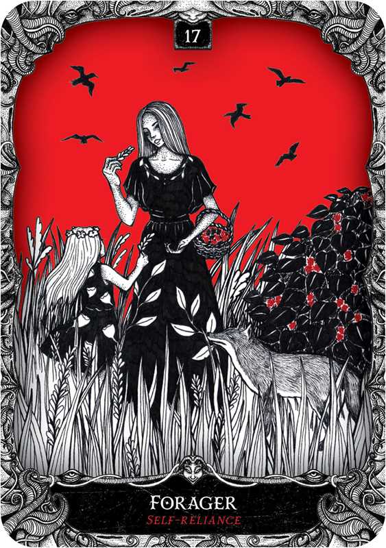 Tarot card featuring a woman in a black dress with white leaves, surrounded by nature elements and birds against a red background.