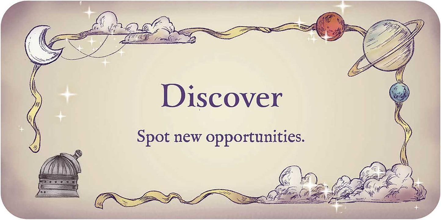 Decorative card with celestial symbols and the text 'Discover Spot new opportunities.'